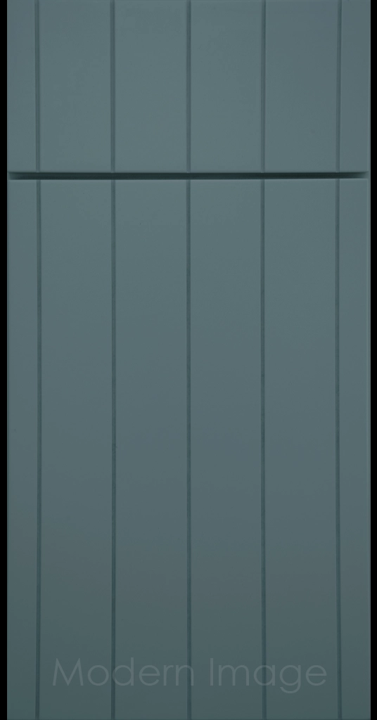 Brooklyn Flat-Panel Cabinet Door with 5 evenly spaced Vertical Grooves, Sage color.